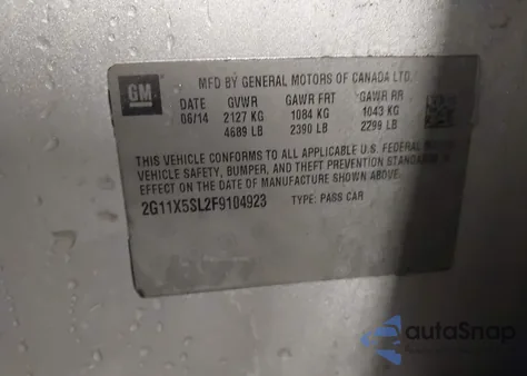 2015 Chevrolet Impala 1Fl из США, поврежденный, VIN 2G11X5SL2F9104923